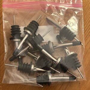 Stainless Steel Liquor Pour Spouts with Black Rubber Stoppers (Set)